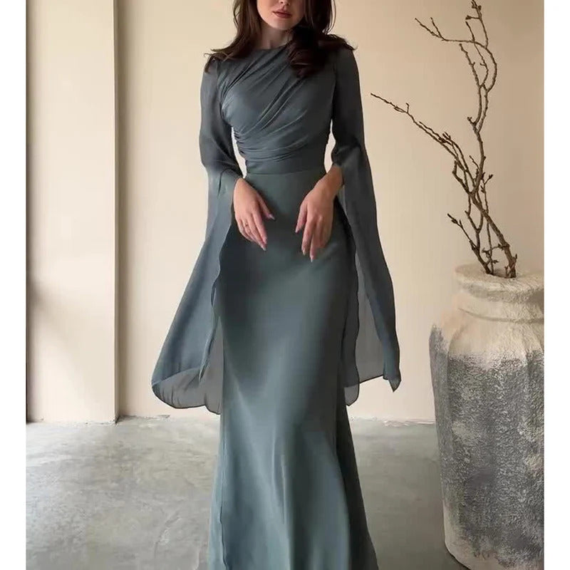 Fashion Satin Solid Robe Dress Ladies Temperament O-neck Slim Evening Dress Elegant Batwing Sleeves High Waist Pleats Long Dress