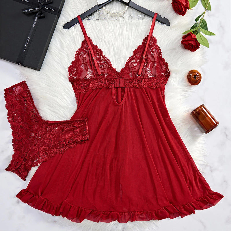 Women Nightdress Sexy Lace Chemise Bow Nightgown Sleepwear Mini Dress Plus Size Deep V Babydoll Lingerie Sexi Sleepdress Nighty