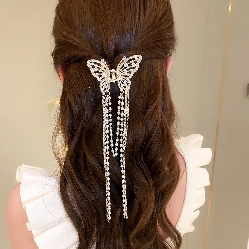 Butterfly Hair Clip With Long Tassel Hair Accessories For Women Elegant Imitation Pearl Rhinestone Shark Hairpins Jewelry