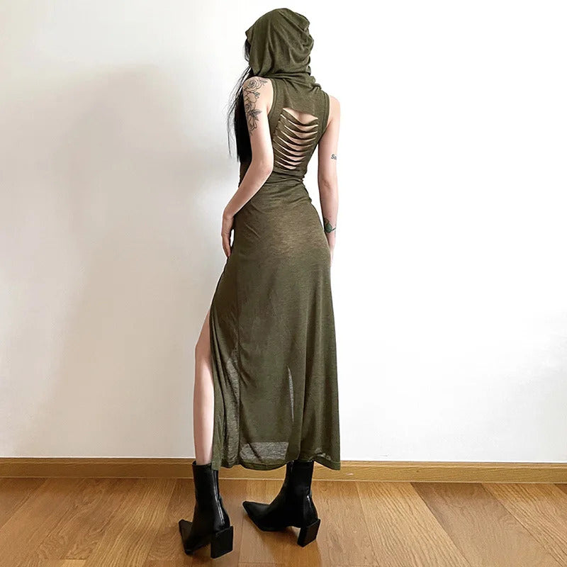 Goth Dark Cyber Gothic Desert Walker Hooded Dresses Y2k Punk Grunge Hollow Out Midi Dress Women Sexy Split Side Solid Streetwear