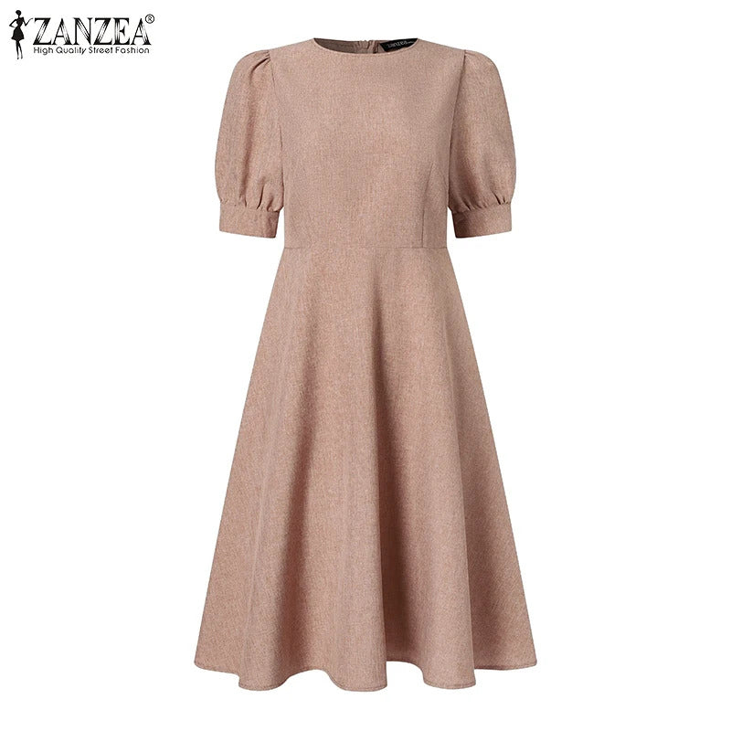 ZANZEA Elegant Women Office Work Dress Summer Half Sleeve Sundress Stylish Slim A-line Vestidos Solid Knee-length Robe Femme