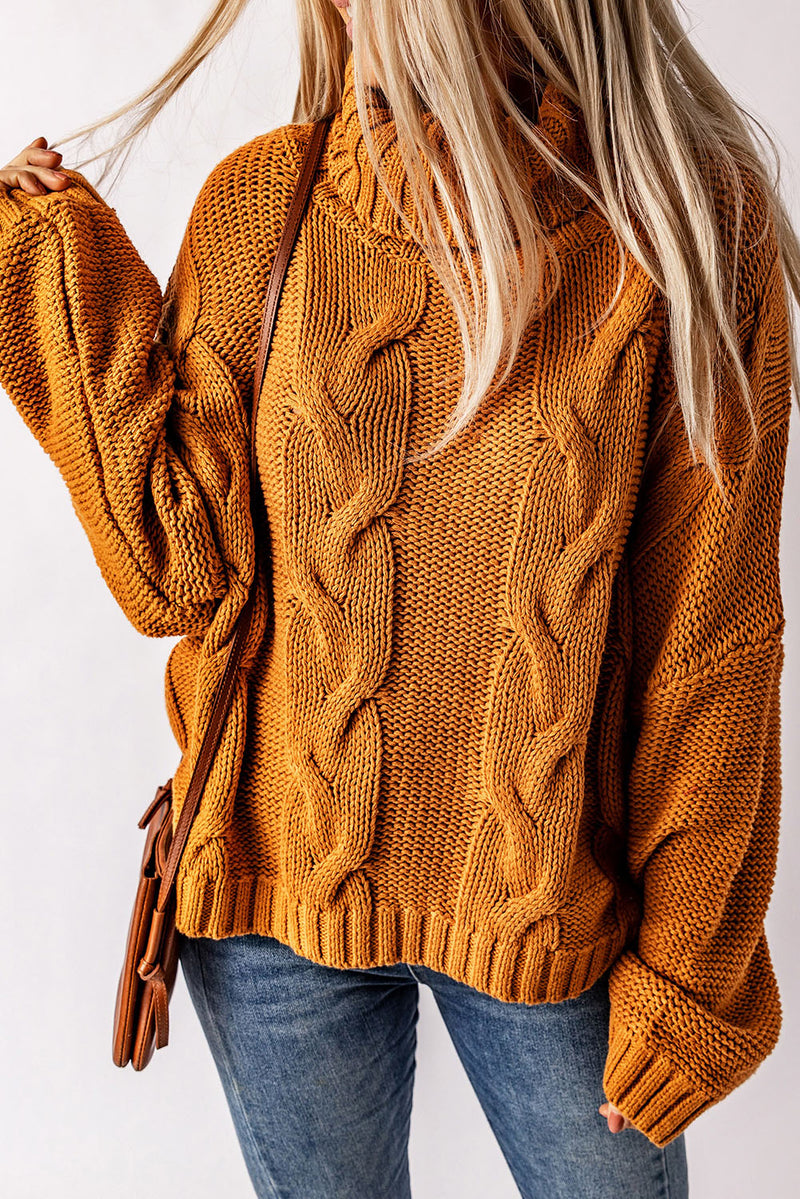 Yellow Cuddle Weather Cable Knit Handmade Turtleneck Sweater