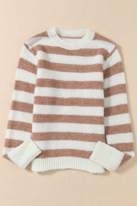 Brown Striped Round Neck Casual Sweater