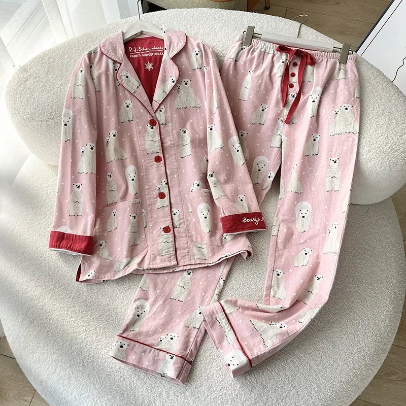 100% Cotton Pajamas for Women Loose Cartoon Long Sleeve Pants Loungewear Women 2 Piece Set Pj Women Outfit Sleepwear Set Pijamas