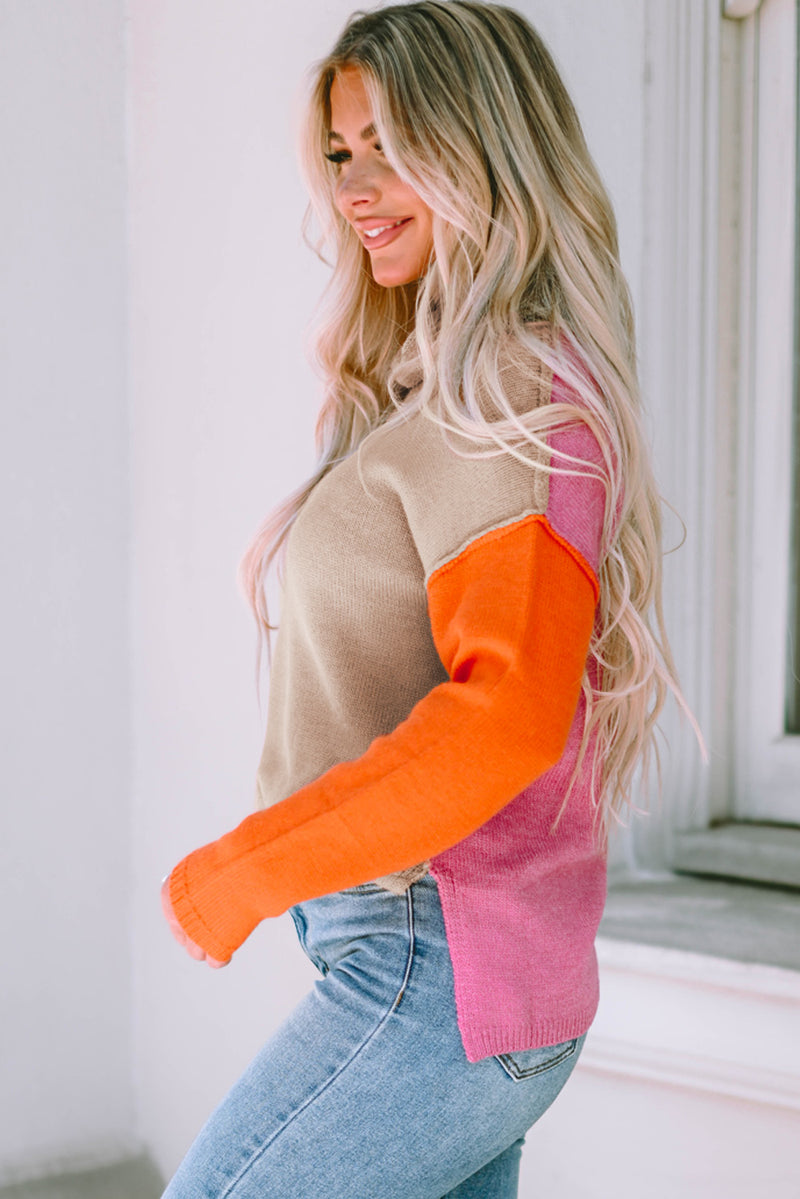 Clay Red Color Block Turtle Neck Drop Shoulder Knit Sweater