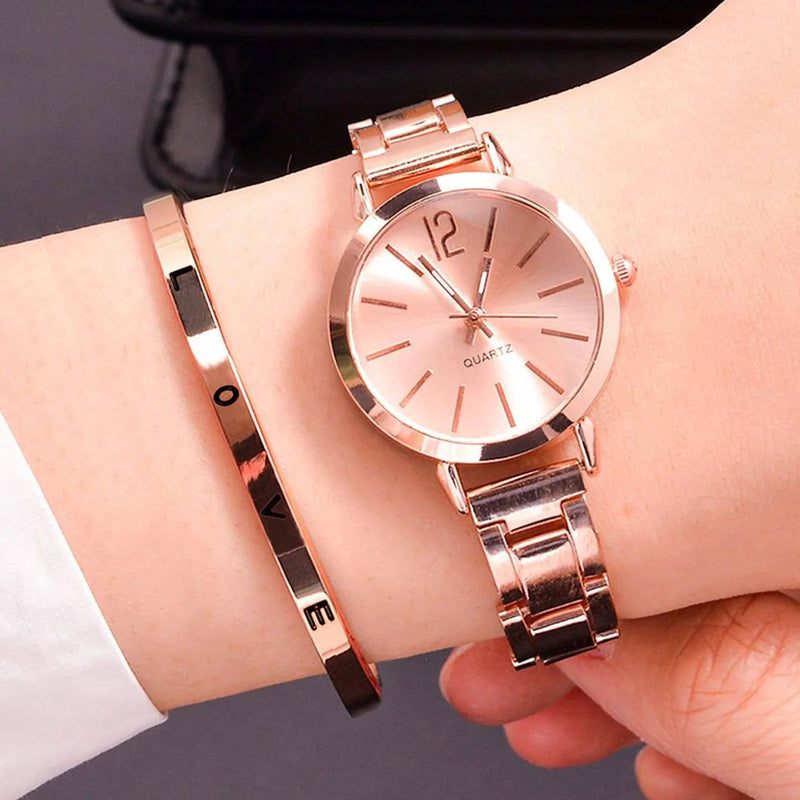 2pcs Set Watch Luxury Women Simple Dial Hollow Strap Fashion Gold Bracelet Quartz Wristwatch Student Ladies Watches Reloj Mujer