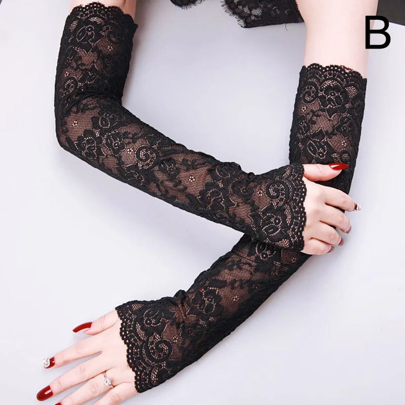 1 Pair Summer Women Sexy Lace Gloves Long Fingerless Mittens Ice Silk Sunscreen Arm Cover Elastic Sleeve Ladies Driving Gloves