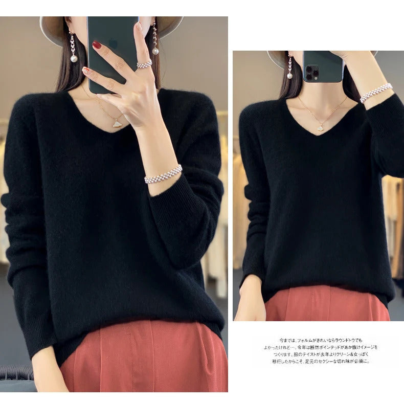 100% pure wool cashmere sweater women's V-neck pullover casual knit top autumn and winter women's coat Korean fashion