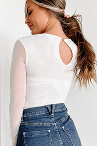 White Mesh Splicing Back Cutout Long Sleeve Bodysuit