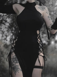 Goth Dark Cosplay High Split Sexy Bandage Women Dresses Y2K Mall Gothic Halter Slim Midi Dress Black Grunge Style Alt Partywear