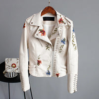 Ly Varey Lin Floral Print Embroidery Faux Soft Leather Jacket Women Pu Motorcycle Coat Female Black Punk Zipper Rivet Outerwear