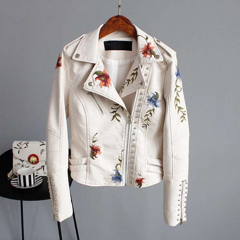 Ly Varey Lin Floral Print Embroidery Faux Soft Leather Jacket Women Pu Motorcycle Coat Female Black Punk Zipper Rivet Outerwear