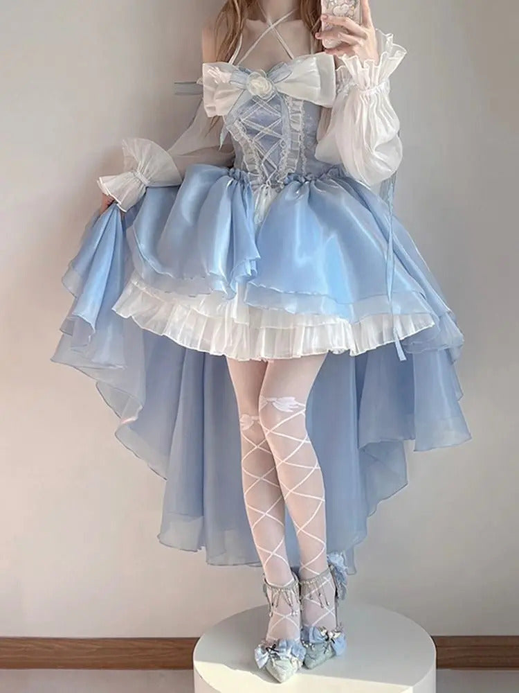 French Romantic Style Lolita Op Elegant Girl Cosplay Princess Puff Sleeve Ribbon Bowknot Flower Tunic Mesh Fantastic Fairy Dress