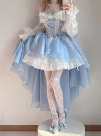 French Romantic Style Lolita Op Elegant Girl Cosplay Princess Puff Sleeve Ribbon Bowknot Flower Tunic Mesh Fantastic Fairy Dress