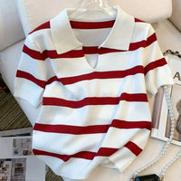 2024 New Striped Pattern Collared Sweater Versatile Short Sleeve Knitted Top For Spring & Summer Women's Clothing Crop Top