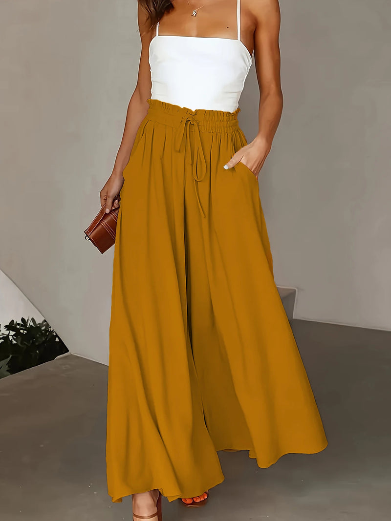 Plus Size Wide Leg Pants Comfortable Slight Stretch FabricElegant Solid Color Design Po    cket DetailsDrawstring Elastic Wai