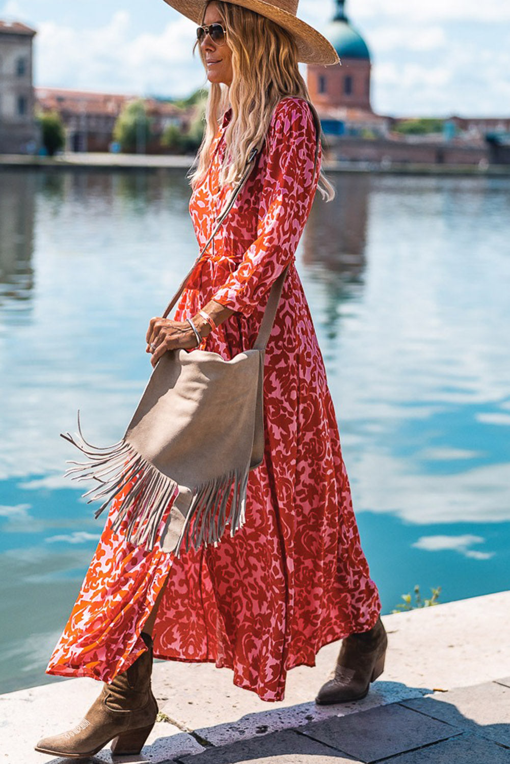 Tomato Red Printed 3/4 Sleeve V Neck Shirt Long Dress with Belt