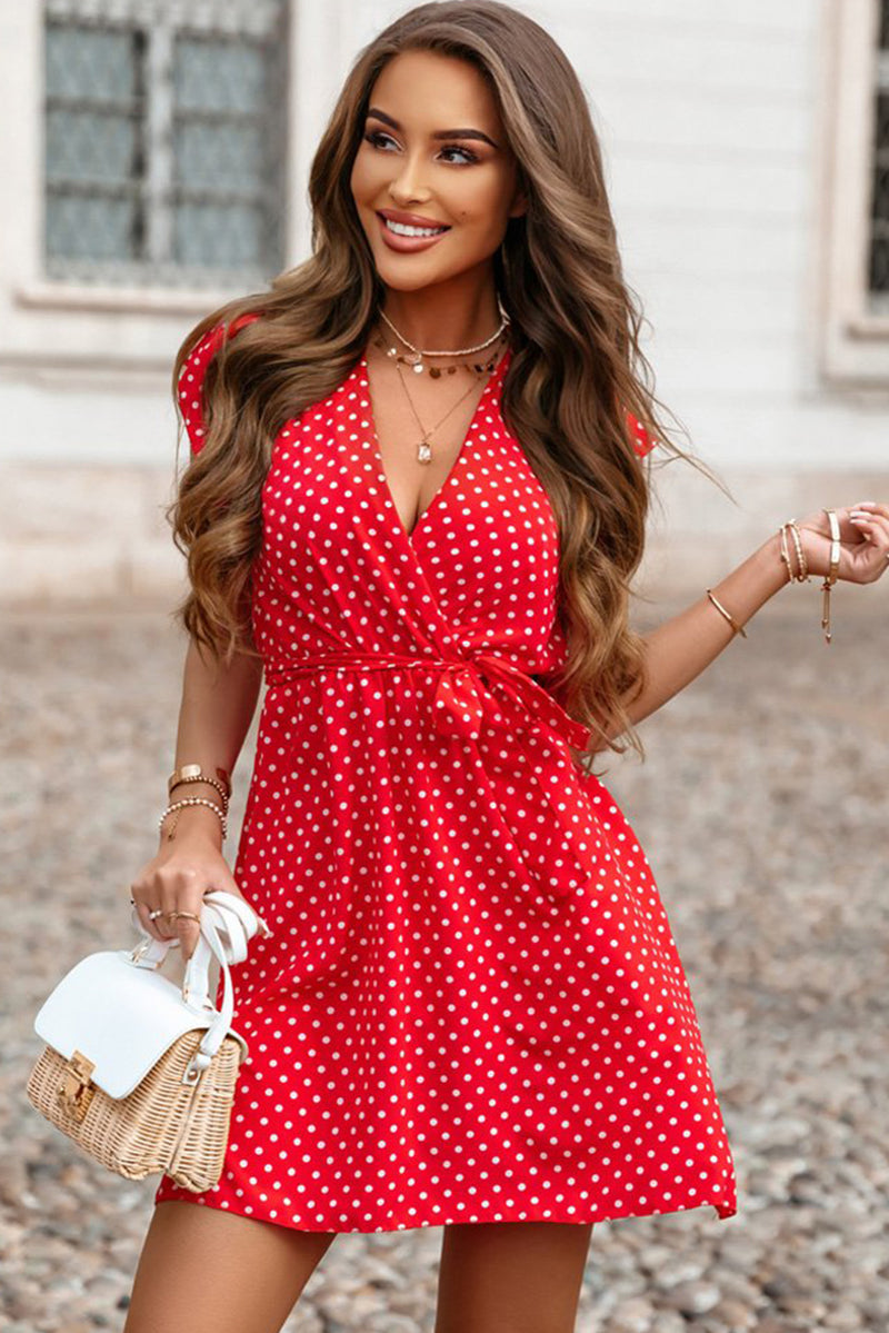 Women's Red Polka Dot V-Neck Ruffle Sleeve Dress with Belt for a Fun and Flirty Look