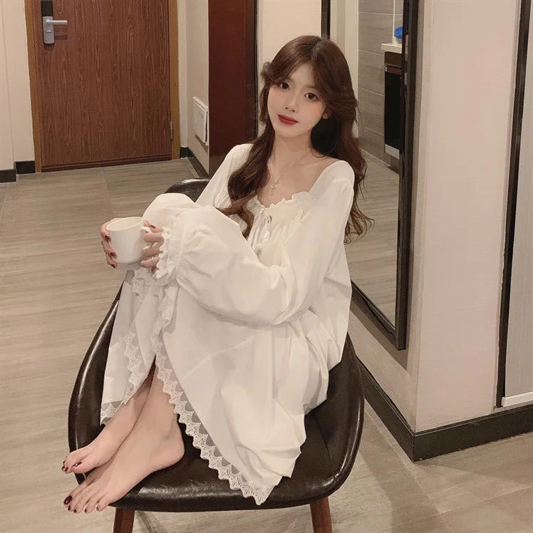 Long-Sleeved Princess Style Nightgown Loose Large Size Can Be Worn Outside the Home Wear Summer Women's Pajamas Lace White Korea