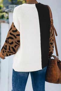 Leopard Print Contrast Color V Neck Sweater