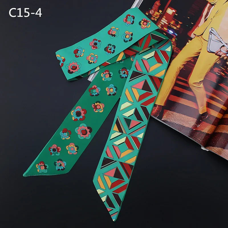 2024 Spring Border New Geometric Diamond Small Flowers Women's Decorative Small Silk Scarf Bundle Bag Handle Ribbon Small Scarf