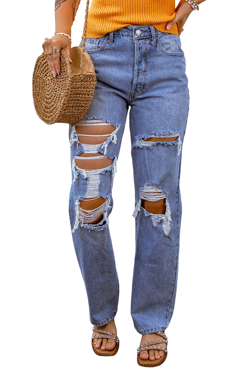 Sky Blue Heavy Destroyed Big Hole Boyfriend Jeans