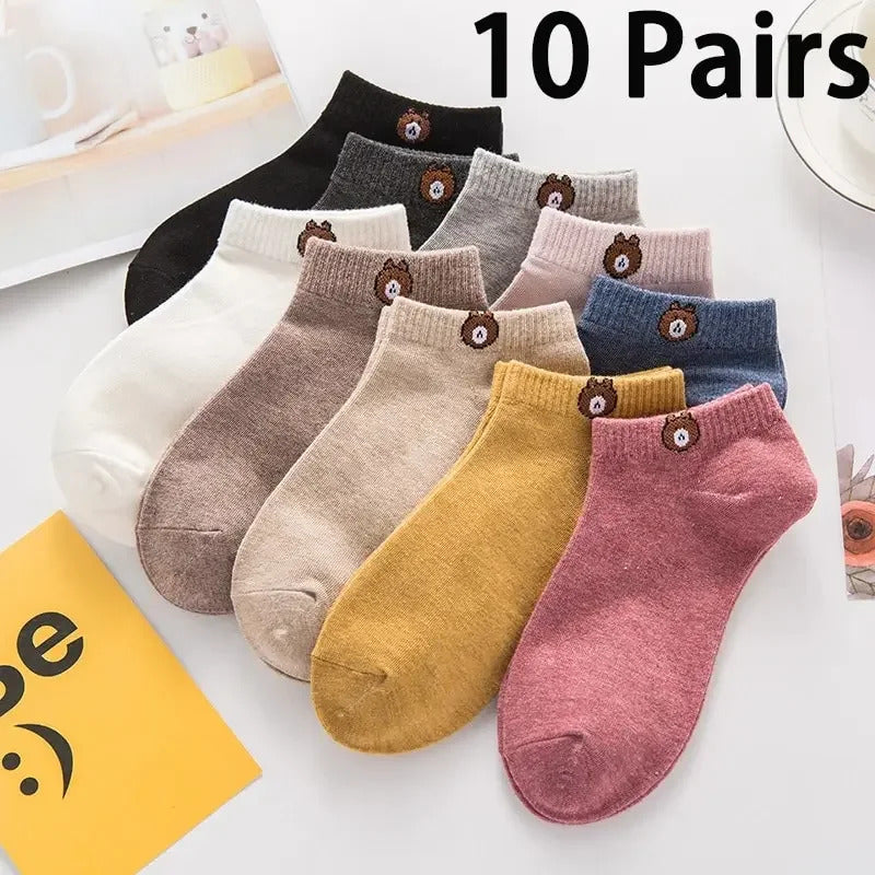 10 Pairs Women Low Tube Socks Set Cute Bear Pattern Fashion Breathable For Female Casual Style Comfortable Socks