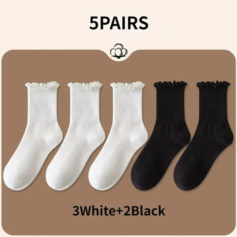 5 /10 Pairs Lot Socks for Women Ruffle Middle Tube Ankle Short Breathable Black White Set Spring Autumn