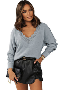 Gray Lace Splicing V Neck Pullover Sweater