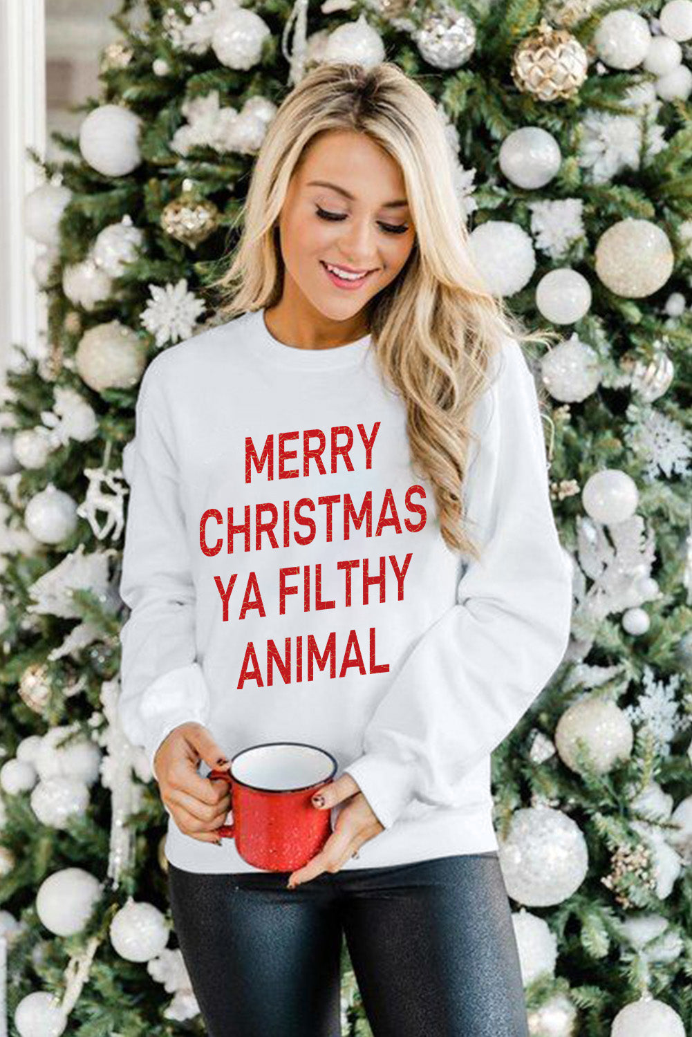 White Merry Christmas Ya Filthy Animal Graphic Sweatshirt