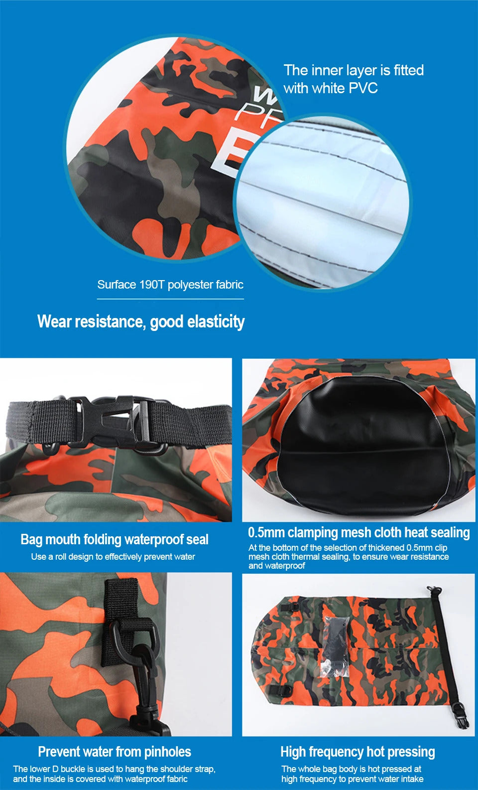 2/5/10/15/30L Outdoor Camouflage Waterproof Dry Bags Portable Rafting Diving Dry Bag Sack PVC Swimming Bags for River Trekking