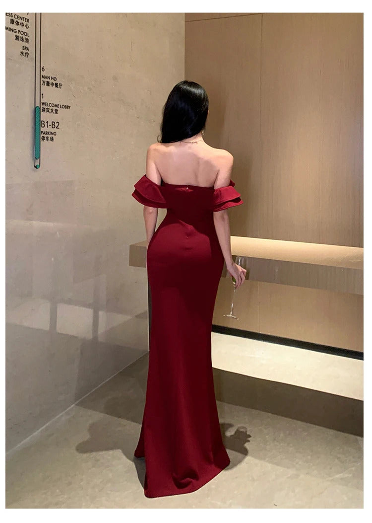 Sexy Bodycon Long Dresses for Women Wedding Evening Party Prom Robe Ruffles Slash Neck High Split Hollow Out Summer New Vestido