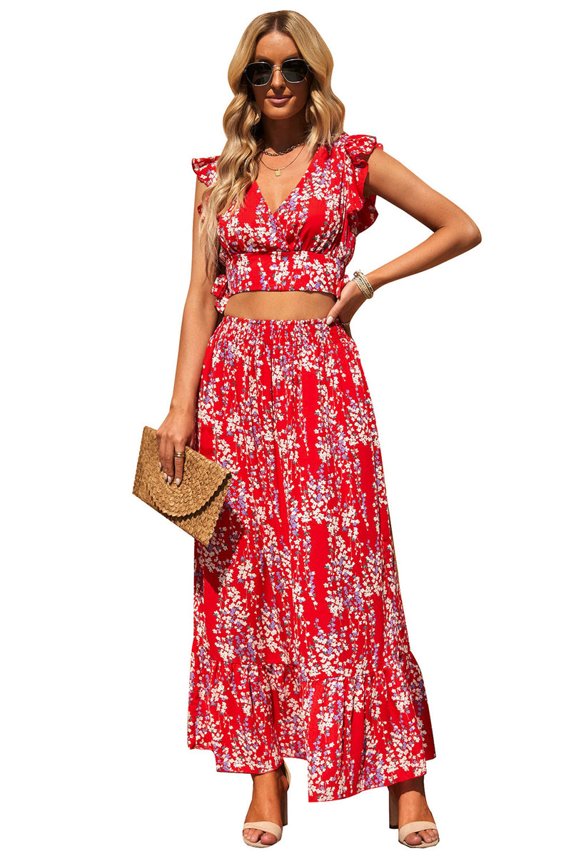 Women's Floral Ruffled Crop Top and Maxi Skirt Set for Fashionable and Fresh Style