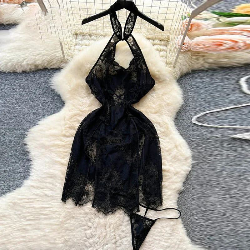 Deep V-neck Slim Fit High Waist Strap Dress Lace Patchwork Satin Sleepwear Sexy Elegant Retro Sleepdress Sleepwear Women Pajama