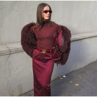 Retro Burgundy Tassels  Faux Fur Long Sleeves Short Coat Elegant Loose Turn-down Collar Jacket 2024 New Woman High Street Coats