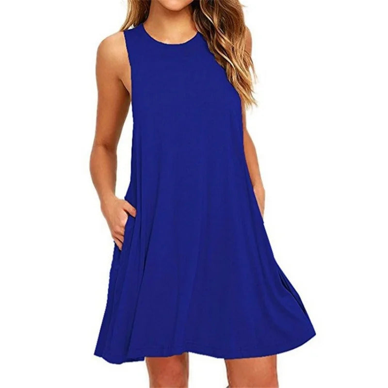 Women's Dress Summer Casual T Shirt Dresses Beach Cover up Plain Pleated Tank Pockets Dress