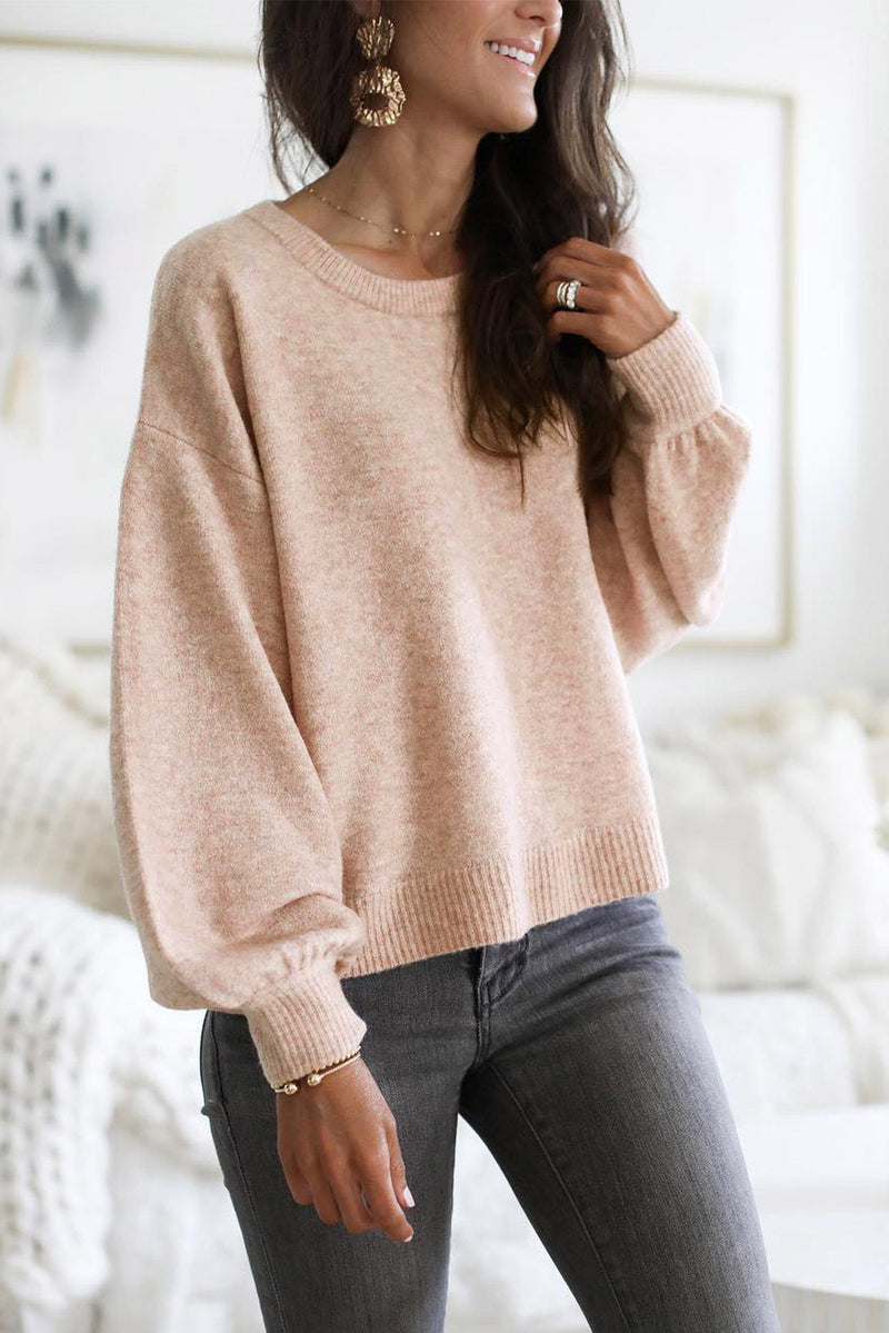 Pink Ribbed Trim Balloon Sleeve Sweater