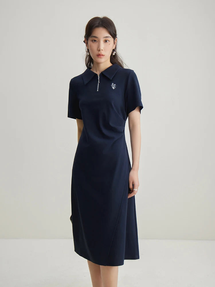 DUSHU Polo Dress Cotton Summer Long Women T Shirt Dress A-LINE Skirts Pleated Design Knee-Length Dress 24DS82109+24DS82316