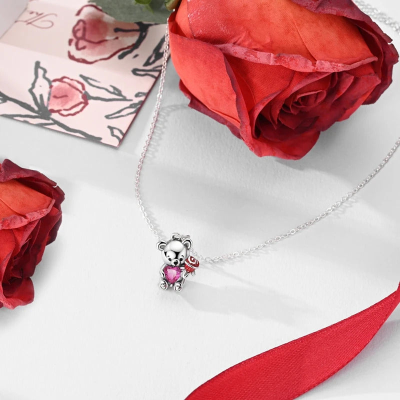 S925 Sterling Silver Valentine's Day Red Series Red Heart Charm Bow Ring Heart Necklace Fit Bracelet DIY for Women Jewelry Gift