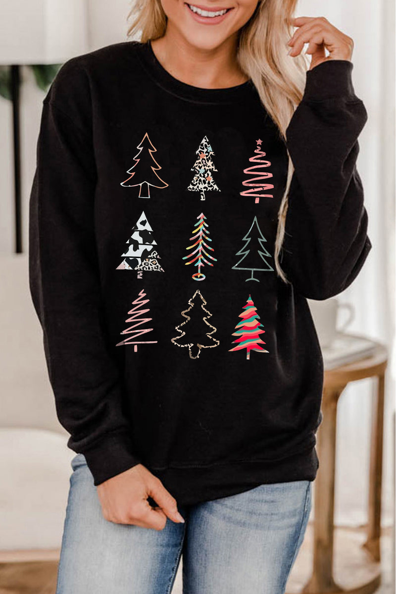 Black Christmas Tree Graphic Print Crew Neck Sweatshirt