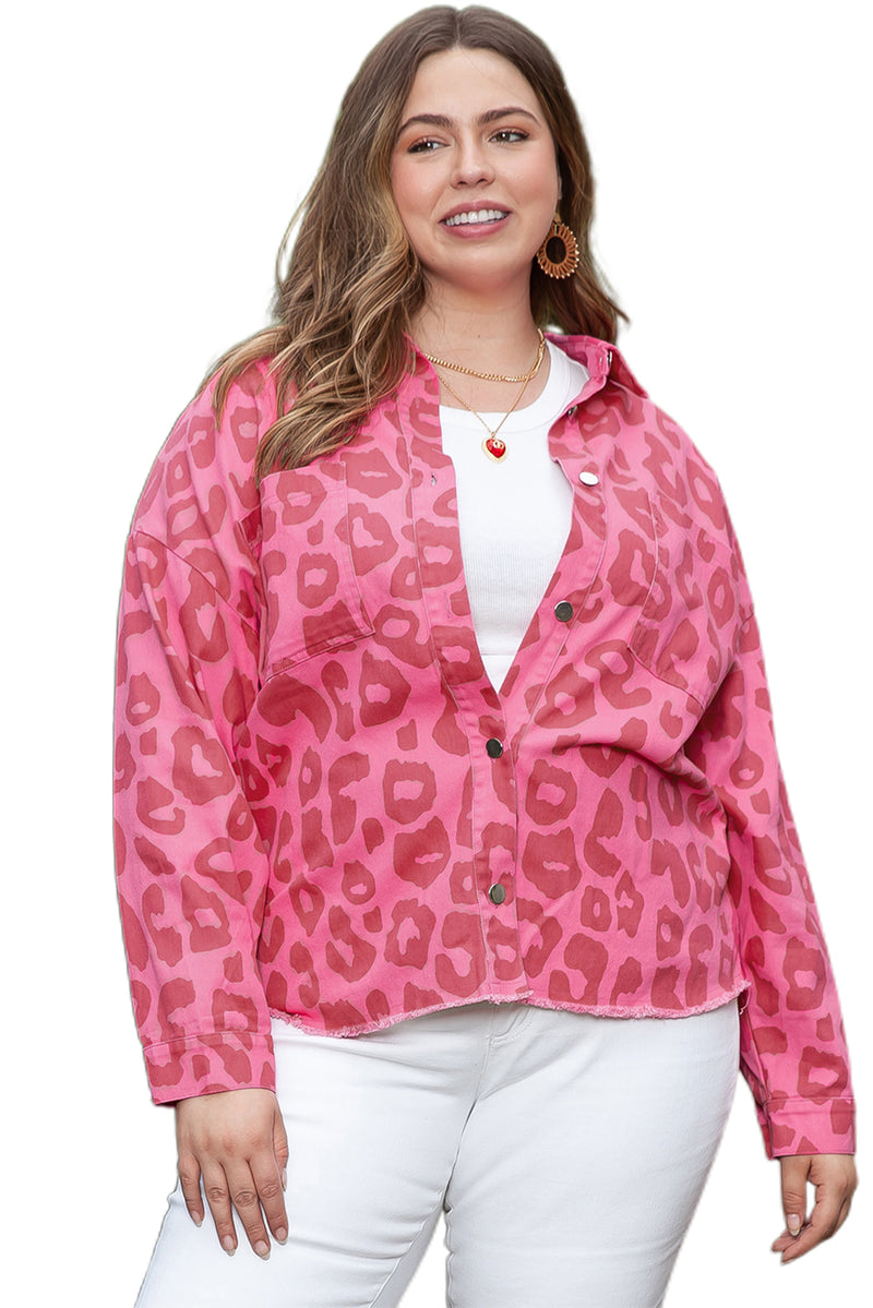 Pink Plus Size Leopard Print Button Cuffs Raw Hem Jacket