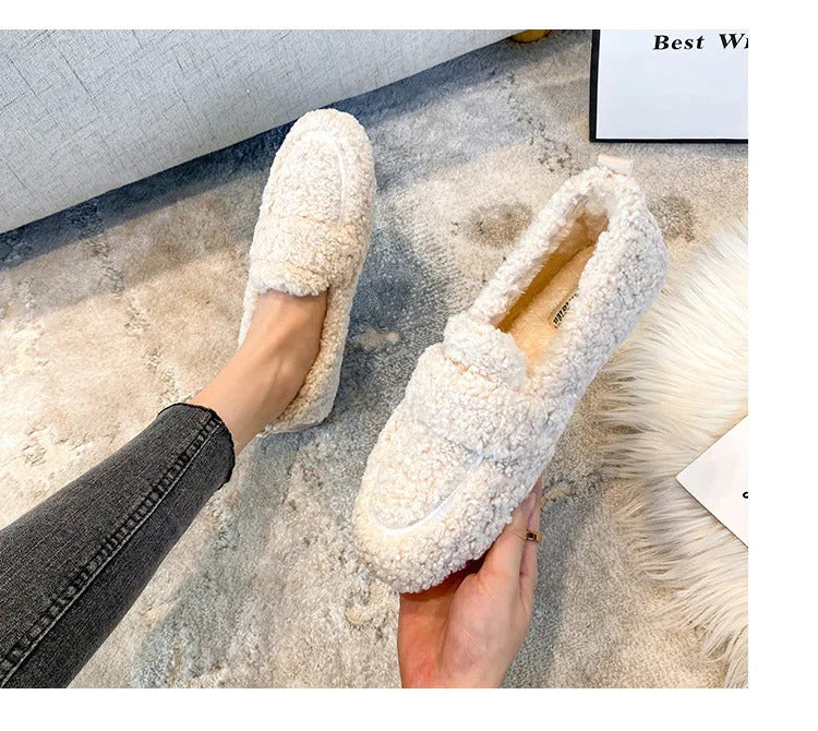 Luxury Sheep Fur Lined Loafers Women Lambswool Shoes Ladies Winter Slip On Furry Flats Cotton Wool Mocasine Femme Barefoot Boots