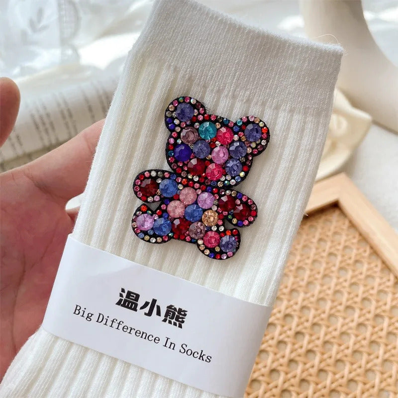 Diamond Cartoon Bear Decorative Socks, Fashionable Diamond Sparkling Women's Socks, Comfortable And Breathable Christmas Socks