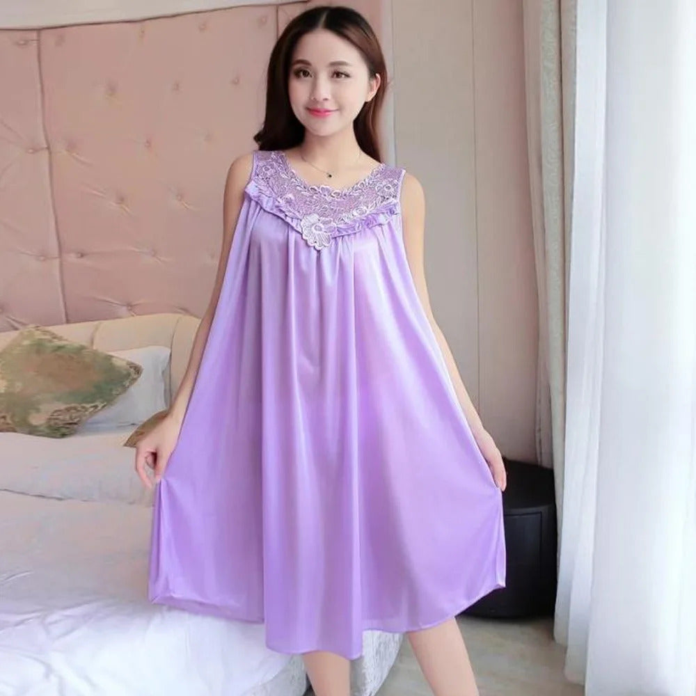 Lace Ice Silk Sleeping Dress Medium Length Sleeveless Tank Top Sexy Sleeping Dress Can Be Worn Externally Home Wear