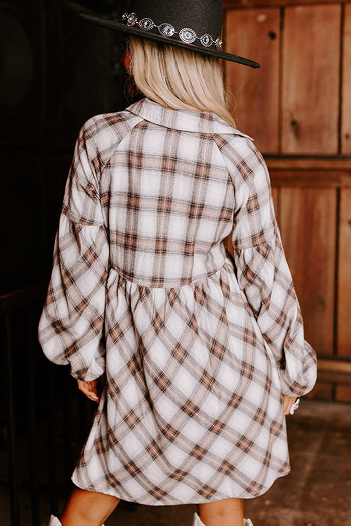 White Plaid Bubble Sleeve Flowy Shirt Dress