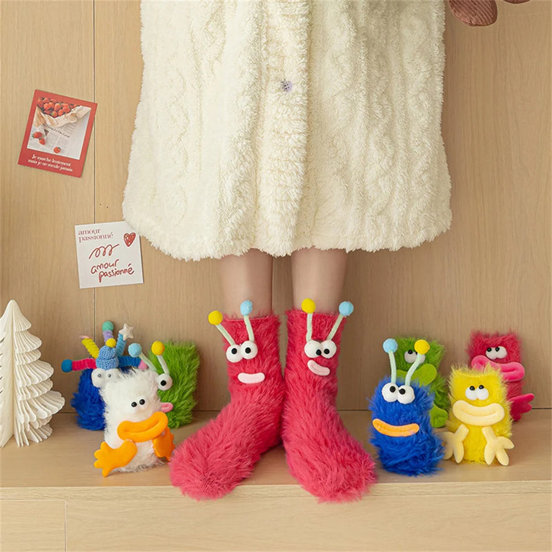 Funny Monster Socks Autumn Winter Coral Fleece Floor Socks Couple Sleep Sock Fuzzy Socks Christmas Stockings