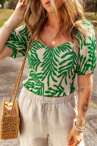 Dark Green Tropical Leaf Print Smocked Crop Top