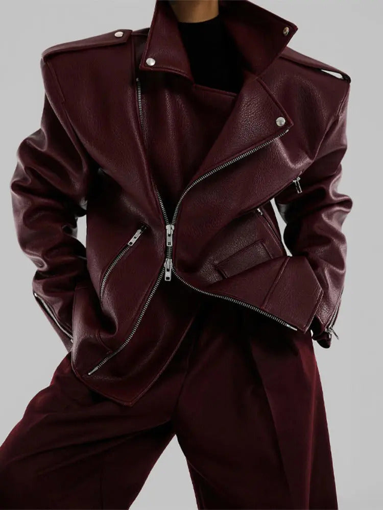 Women Burgundy Leather Double Zipper Motorcycle Jacket Fashion Loose Lapel Long Sleeve Pu Cropped Coats Autumn Female Streetwear