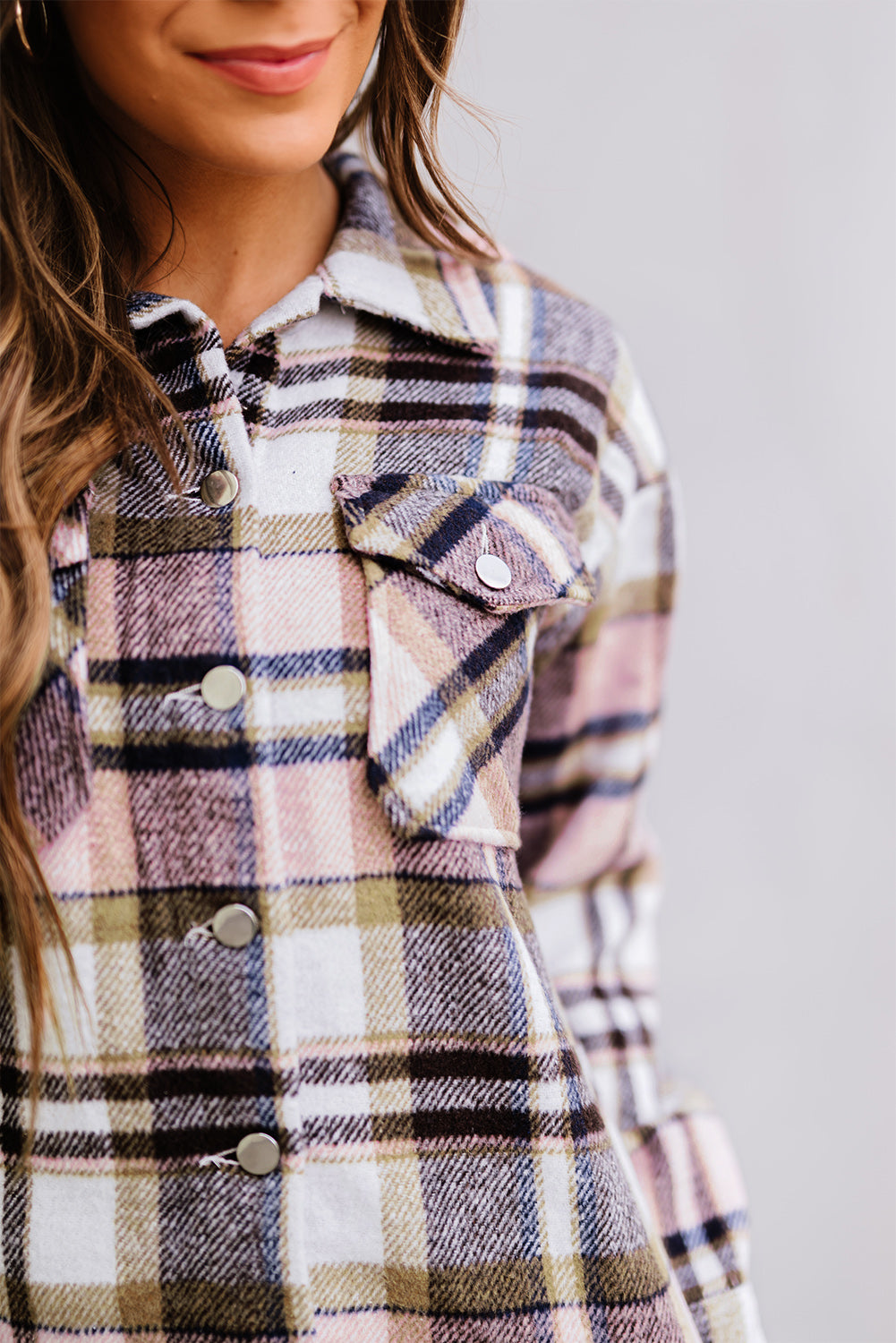 Blue Geometric Plaid Print Pocketed Shacket