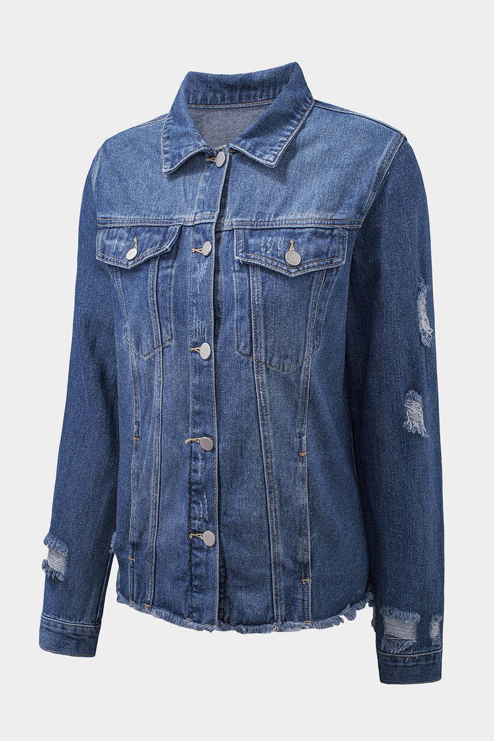 Blank Apparel - Blue Lapel Distressed Raw Hem Buttons Denim Jacket